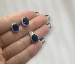 MAR 20 Conjunto Dije y Aros Ovalados Piedra Azul (12mm) Plata 925