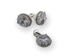 MAR 20 Conjunto Dije y Aros Ovalados Piedra Blanca (12mm) Plata 925 - comprar online