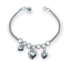 7.3 gr Pulsera con Dijes Corazon y Cascabel Plata Italiana