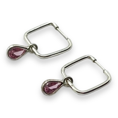 SE-11 Aros Argollas Cuadradas con Gota Rosa (14 mm) Plata 925