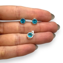 2.9 gr Conjunto Redondo Piedra Celeste (8 mm) Plata Italiana - Stal Joyas