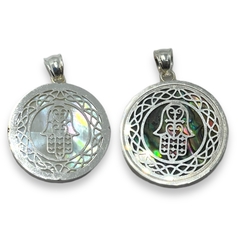 6102 Dije Circular Reversible Mano de Fatima Piedra Nácar (26 mm) Acero Blanco