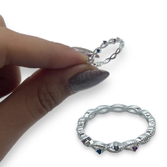 0434 Anillo Trenzado con Piedras Multicolor Acero Blanco