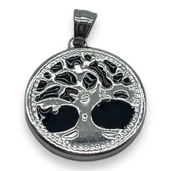 CAR-547 Dije Circular Arbol de la Vida Esmaltado Negro (25mm) Acero Quirúrgico
