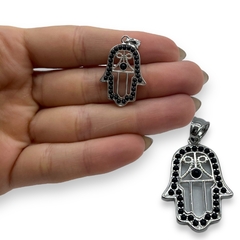 CAR-594 Dije Mano de Fatima con Cubics Negros (28mm) Acero Quirúrgico