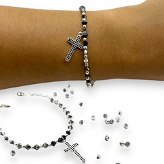 SWA Pulsera Piedras Degrade de Negros y Grises con Dije Cruz Plata Italiana