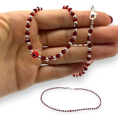 VOL-103-1 Collar Piedras Rojas Cristal de Roca y Ojito (45 cm) Acero Blanco