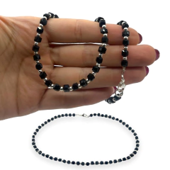 VOL-105 Collar Piedras Cuadradas Cristal de Roca Negras Acero Blanco (45 cm)