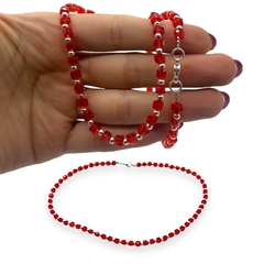 VOL-105 Collar Piedras Cuadradas Cristal de Roca Rojas Acero Blanco (45 cm)