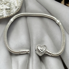 9.2 Pulsera Premium Para Charms - Broche Corazon con Cubics Plata Italiana (18 cm)