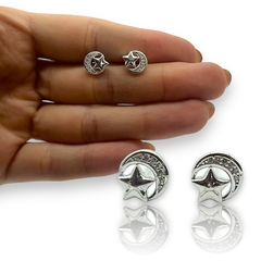 2.2 gr Aritos Pasantes Luna y Estrella (10 mm) Plata Italiana - Stal Joyas