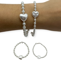 VOL-101 Pulsera Perlas de Vidrio con Corazon- Variedad de Modelos Acero Blanco - comprar online