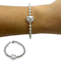 Imagen de VOL-101 Pulsera Perlas de Vidrio con Corazon- Variedad de Modelos Acero Blanco