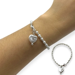VOL-101 Pulsera Perlas de Vidrio con Corazon Colgante del Mar Acero Blanco