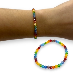 VOL-104-1 Pulsera Elastizada 7 Chakras - Todo Bícono Cristal de Roca/ Acero Blanco