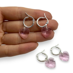 3593-4 Aros Argollas con Dije Corazon Rosa Acero Blanco