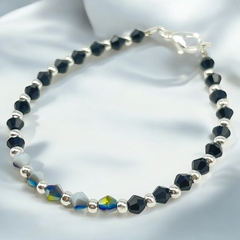 SIN-261 Pulsera Cristal de Roca Negra y Grises - Últimas Unidades Acero Blanco