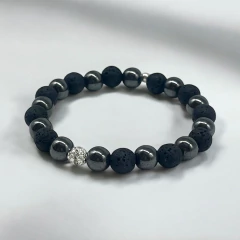 VOL-VOLCAN -5 Pulsera Piedras Volcánicas Elastizada (8 mm) con Dije Premium Plata 925