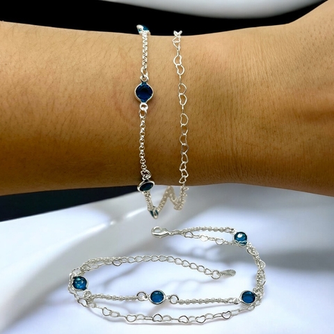 3.2 gr Pulsera Doble Piedras Azules (18 cm + extensión 3 cm) Plata-ECO