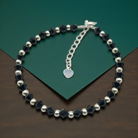 SWA-26 (#56) Pulsera Piedras "Negro Jet Hematite" Plata Italiana (cadena extensión)