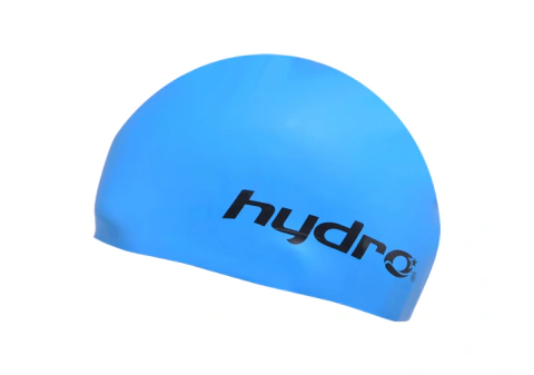 Gorra de Natación Hydro Silicona Jr color celeste fabricada en silicona resistente con estuche PVC zipper para pileta y actividades acuáticas
