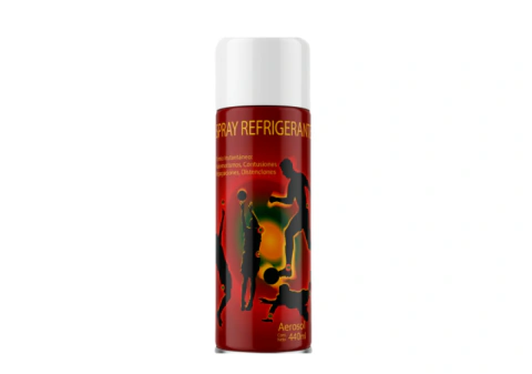 Aerosol spray refrigerante frío de 440 ml para golpes y dolores deportivos, envase rojo con ilustraciones de deportista
