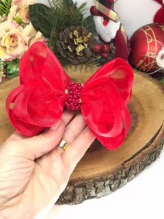 Laço Lari Duplo Organza com Pérolas e Strass - Santo Laço Acessorios