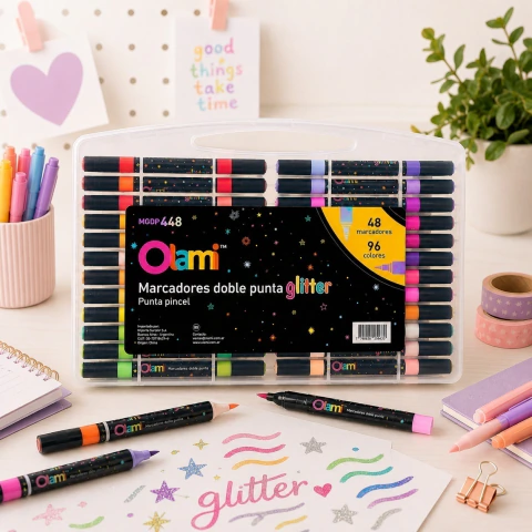 Marcadores Olami Punta Pincel Doble Punta Glitter - 48 Marcadores 96 Colores
