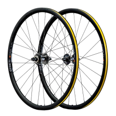 Juego de ruedas CHIETI para ciclismo de pista o bicicletas fixie, con detalles en amarillo.