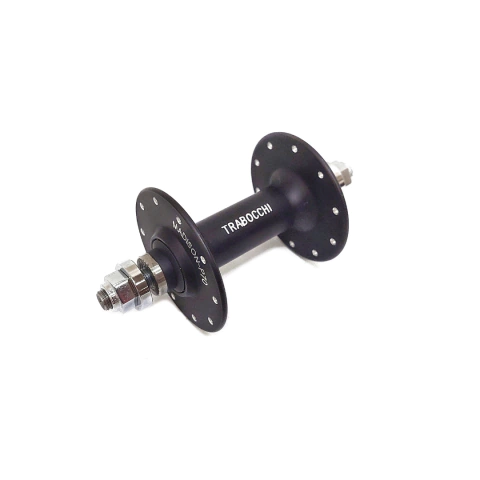 Madison satin black fixed gear track hub with Trabocchi branding on white background