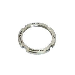 Anillo de bloqueo de acero inoxidable AISI 304 para repuestos y accesorios de bicicleta con inscripciones visibles.
