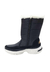Bota forrada preta com detalhes em pelo branco, ideal para neve e frio, com sola branca e preta.
