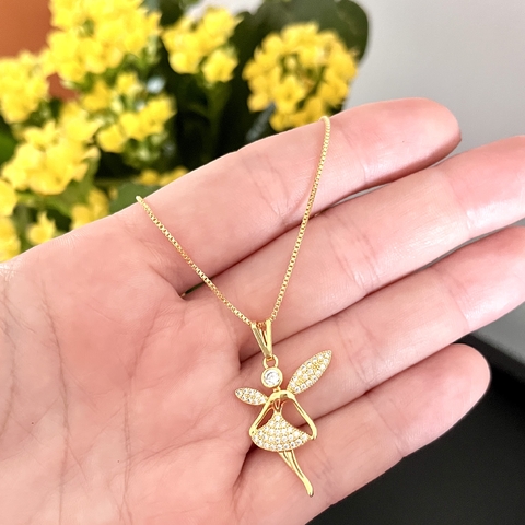 Colar bailarina cravejado folheado com detalhes brilhantes dourado.