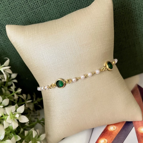 Pulseira folheada com pérolas e cristal verde folheada/Atacado de brincos