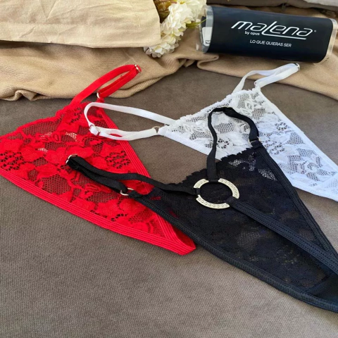 Less hilo regulable de encaje con aro de metal - Negro