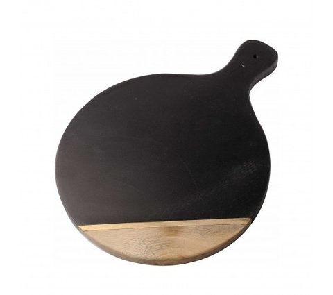 TABLA REDONDA MARMOL NEGRO, DORADO Y ACACIA