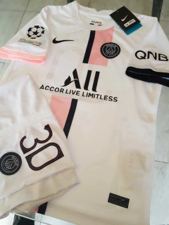 Kit Niño Camiseta + Short PSG Suplente Blanco Messi #30 2021 2022 Parches UCL - Roda Indumentaria