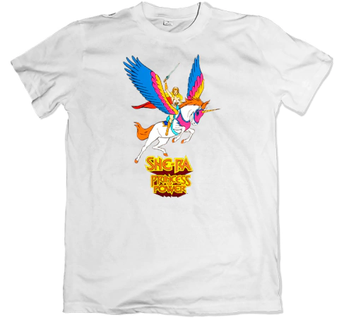 Remera dibujos animados clásicos she-ra the princess warrior con unicornio swift wind blanca