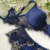 Imagem do Lingerie Segredo Azul Com Bojo Com Aro Renda Bicolor Azul Marinho e Dourado Calcinha Fio Dental Cintura Alta
