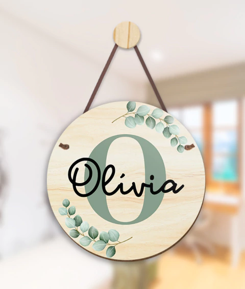 Porta Maternidade Unissex Folhas Eucalipto com Nome – 20x20 cm - comprar online