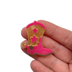 Aplique Bota Boiadeira Pink com Dourado Glitter Acrílico - 2 unidades - comprar online