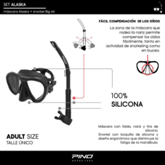 SET SNORKEL Y MÁSCARA PINO ALASKA ADULTO BUCEO SNORKELING BLACK BLACK - SOLO NATACIÓN