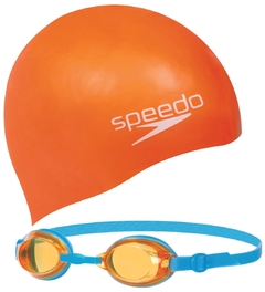 SPEEDO JET JUNIOR SET ANTIPARRA Y GORRA AZUL NARANJA 6-14 AÑOS (704)