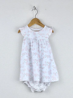 NUEVO | 12m | Baby Cottons | vestido blanco flores rosas volado en hombros con bombachudo a tono algodon pima