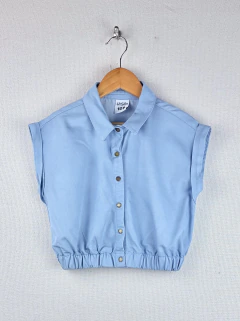 10A | Grisino | camisa manga corta jean celeste pupera elastico en cintura letras rosa espalda - comprar online