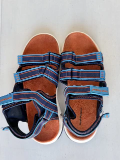 T36 | Hush Puppies | sandalias azules lineas turquesa y naranja suela ladrillo