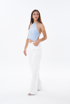 WIDE LEG BLANCO CON COSTURA DIAGONAL Y STRASS - PERLA - tienda online