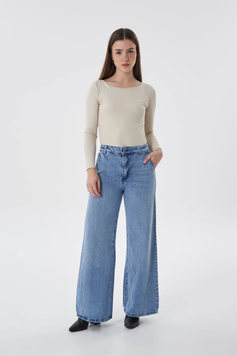 WIDE LEG TIRO MEDIO RIGIDO CELESTE HILO AZUL - SAVANAH