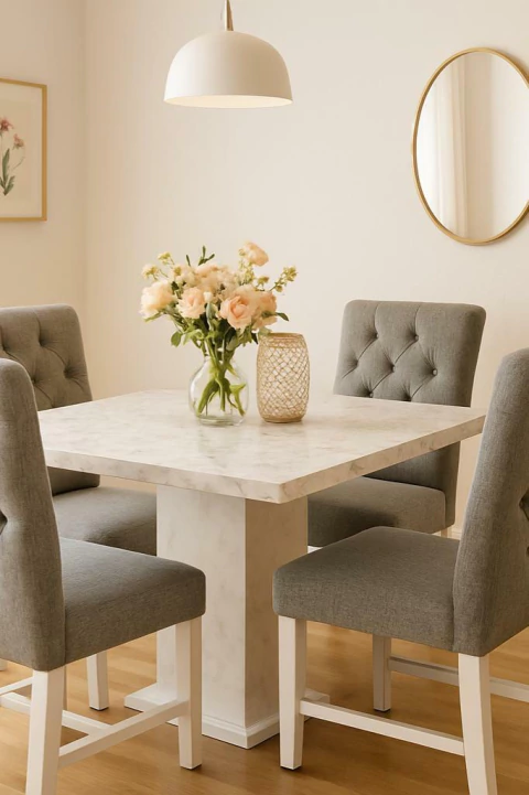 Mesa Valeria simil carrara cuadrada + 4 sillas Capitone - comprar online