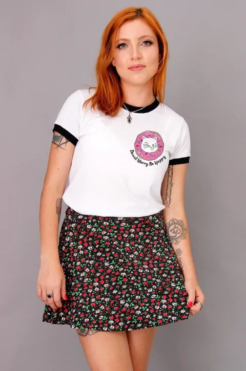 Camiseta Feminina Ringer Cat Be Happy